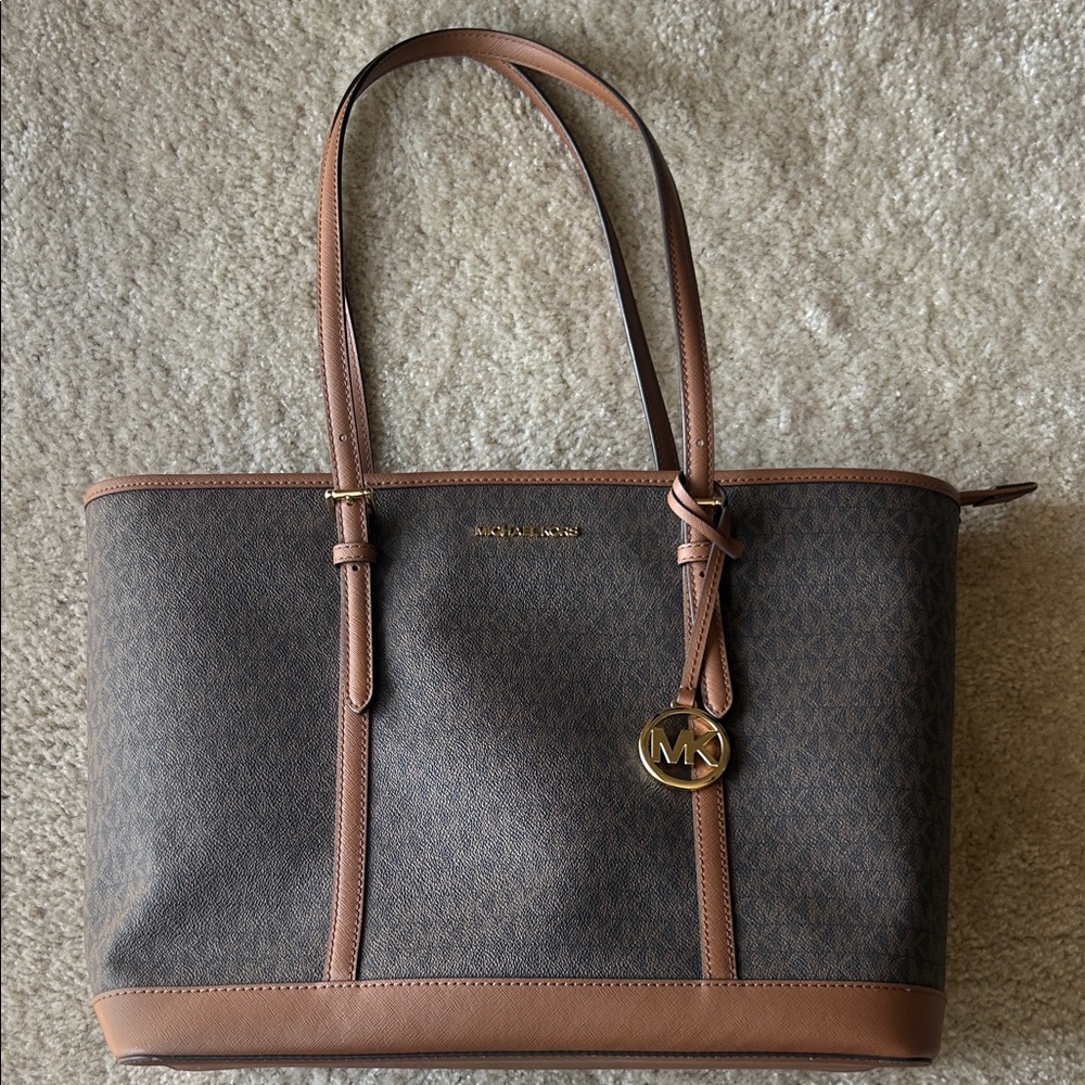 Michael Kors Large Jet Set Signature Brown and Tan Tote